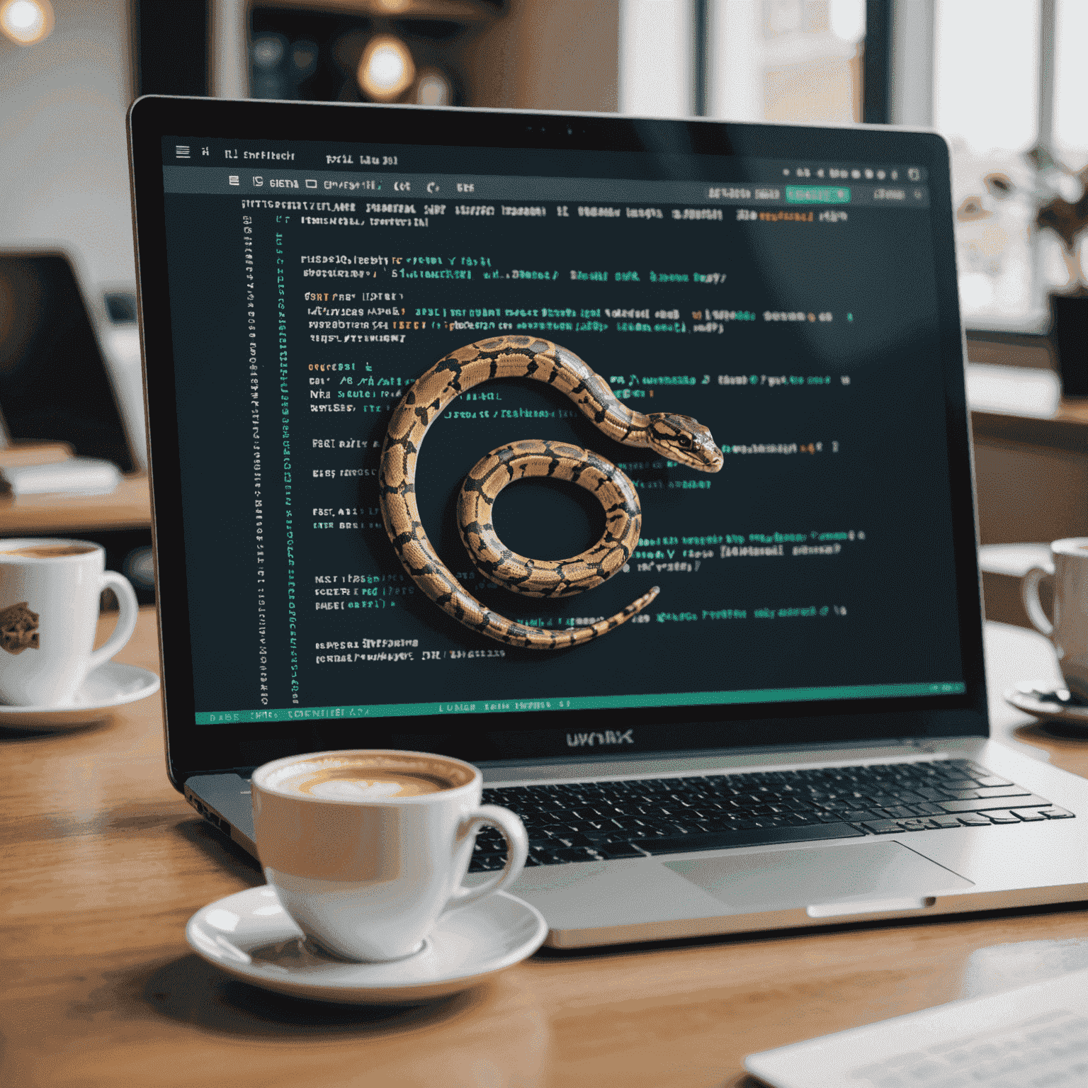 Изображение кода Python на экране компьютера, рядом лежат очки и чашка кофе. На заднем плане виден логотип Python.